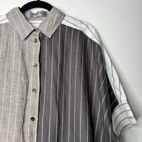 Alembika Linen Constrast Stripe Button Down Short Sleeve Oversized Shirt XS - Picture 4 of 8